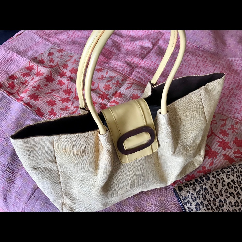 Linen Adrienne Vitadini Yellow Handbag w/Lg Buckle